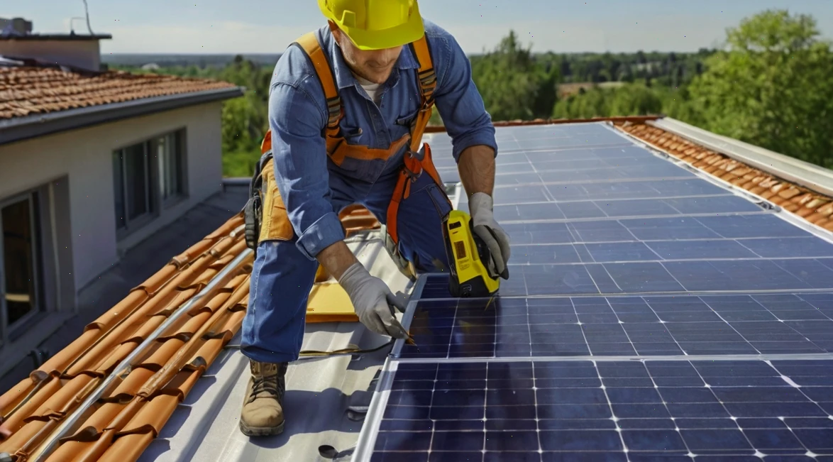 Technik montuje solárne panely na streche s použitím profesionálneho vybavenia