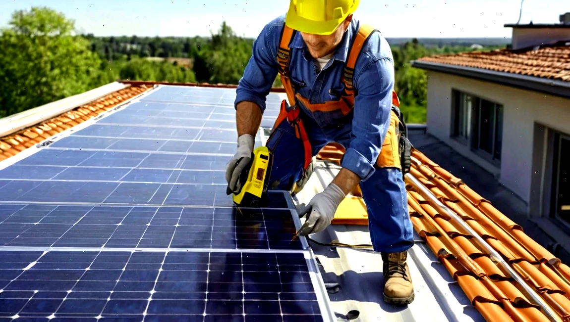 Technik inštaluje solárne panely na streche domu v slnečný deň